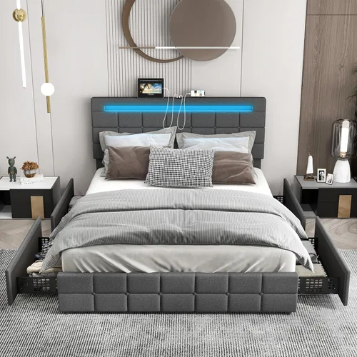 Vista 10 de KOMFOTT Base de cama individual con estación de carga y luces LED, base de cama de plataforma tapizada con cabecera ajustable y 4 cajones