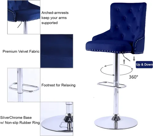 Vista 4 de asunflower Juego de 3 taburetes de bar, color azul marino, altura ajustable, con respaldo de terciopelo, giratorias, para cocina, isla de cocina