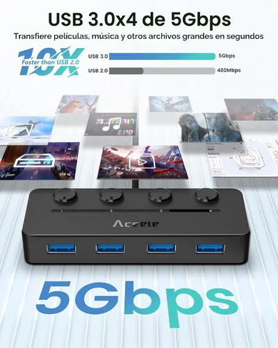 Vista 3 de Aceele Hub USB 3.0 con interruptores de alimentación LED individuales y puerto de alimentación tipo C, divisor USB multipuerto 3.0 con cable de 4
