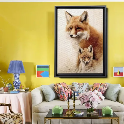 Vista 2 de Fox Mother Cub Print, In The Style Of Stencil-Based, Ivory, Kids Wall Art, Kids Wall Art Display, Mom And Baby Animal Art Print