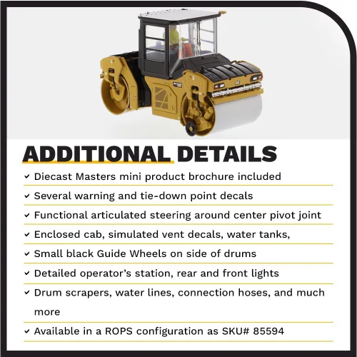 Vista 5 de Diecast Masters Compactador vibratorio Caterpillar CB-13 a escala 1:50 con cabina cerrada Camiones Cat Series High Line y equipos de construcción