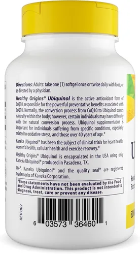 Vista 3 de Healthy Origins Ubiquinol 50 mg (Kaneka QH, sin OMG, sin gluten, apoyo cardíaco, apoyo energético), 60 cápsulas blandas