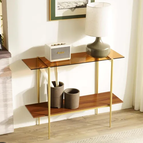 Vista 10 de Saint Mossi - Mesa consola de vidrio y madera de 2 niveles, mesa de entrada estrecha Prefer for Living Room, Entryway Foyer, Corridor, Mid Century