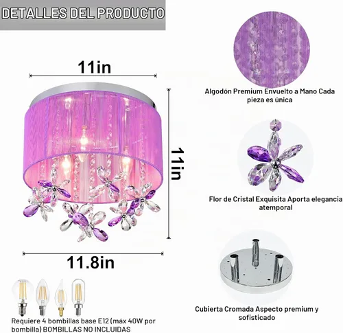 Vista 6 de LaLuLa Candelabro de cristal morado para dormitorio de niñas, lámpara de techo E12 de 3 luces, pantalla de cuerda de algodón hecha a mano, elegante