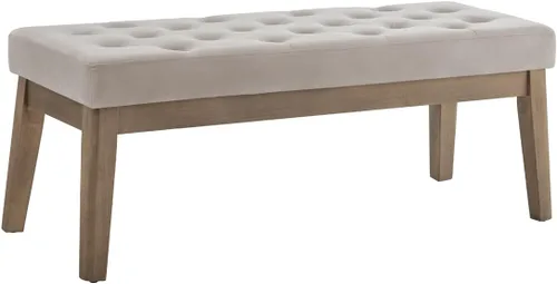 Vista 3 de 24KF Banco de Entrada Tapizado en Terciopelo con Botones Capitoné con Patas de Madera Maciza, Banco de Cama Otomano con Asiento Acolchado, 5034-Taupe