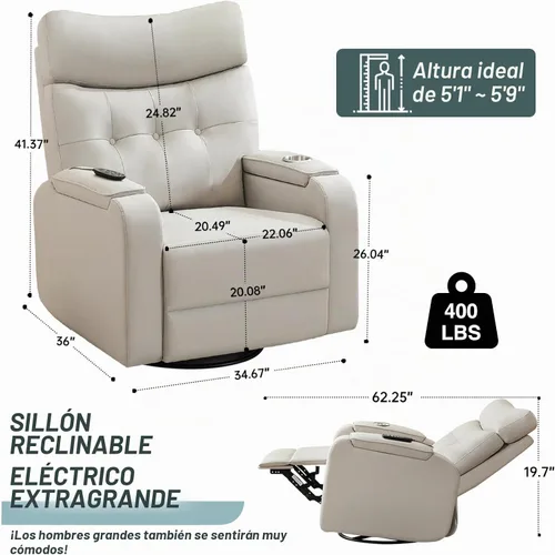 Vista 2 de Sillón reclinable giratorio eléctrico con masaje y calor, sillón reclinable