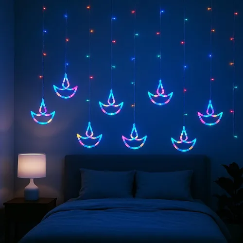 Vista 4 de Diwali - Tira de luces de 12 diya, 138 luces LED, funciona con pilas, cadena india, decoración de habitación, ventana de pared Luces de cortina