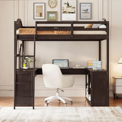 Vista 3 de Cama loft de madera tamaño matrimonial con escritorio en forma de U y espejo de tres pliegues, base de cama tipo loft multifunción con Espresso-10.16