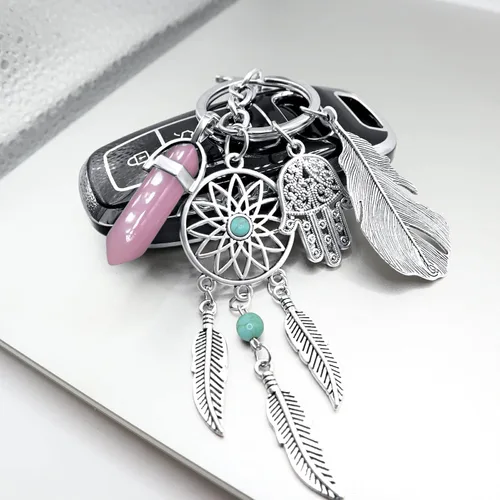 Vista 3 de MyfavoriteK Dreamcatcher Hamsa Llavero de buena suerte, adorno de piedras preciosas para llavero de coche