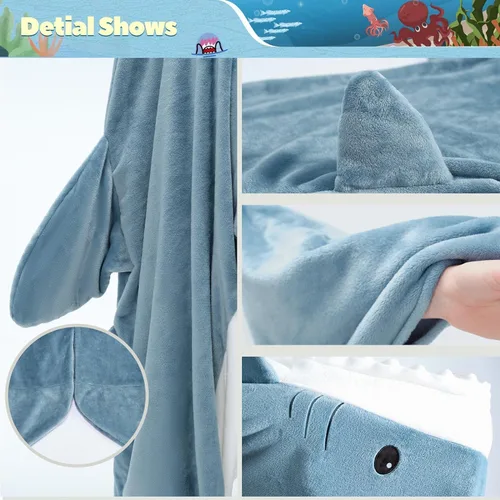 Vista 5 de Touchat Manta de Tiburón, Disfraz de Enterizo para Adulto, Manta Suave y Acogedora de Franela con Dibujos de Animales para Cosplay, Manta con Azul