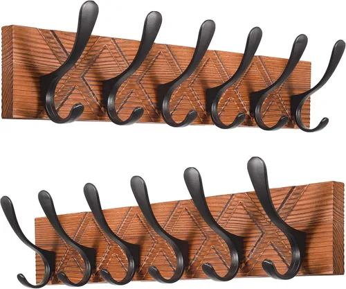 Vista 7 de SKOLOO Perchero de pared estilo escandinavo con 6 ganchos tallados en bloque de madera, colgador de pared para abrigos, sombreros, ropa, bufandas
