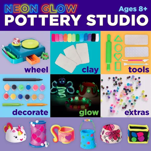 Vista 2 de Faber-Castell Neon Glow Pottery Studio: crea tus propios diseños de cerámica con rueda de cerámica alimentada por USB, arcilla seca al aire