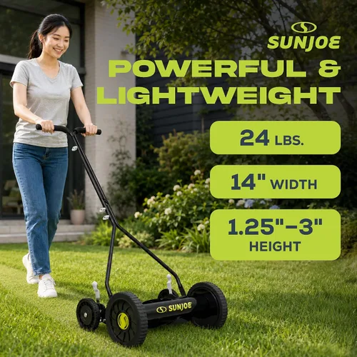 Vista 4 de Sun Joe Cortacésped manual con carrete de empuje con 9 posiciones ajustables, ancho de corte de 14 pulgadas, máquina de corte de patio resistente