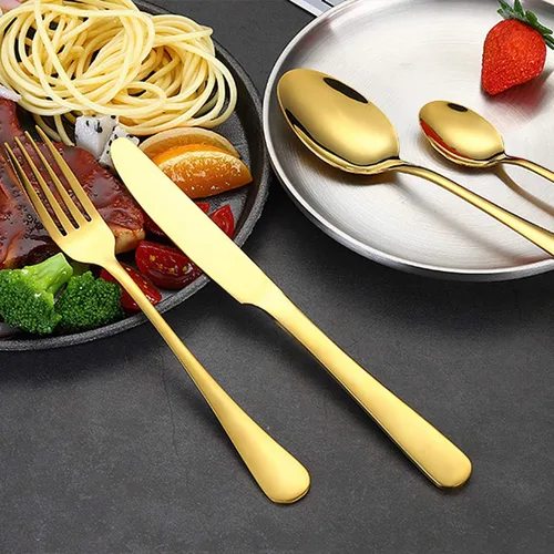 Vista 2 de Juego de cubiertos dorados de acero inoxidable para 6 personas, juego de cubiertos de cocina, utensilios de regalo, cuchillo, tenedor, cuchara