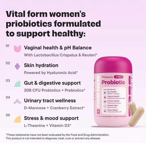 Vista 7 de Probiótico para mujeres 20 mil millones de CFU – Apoyo diario 5-en-1 para la salud digestiva, vaginal y urinaria – con arándano, D-manosa