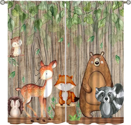 Vista 13 de YCness Cortinas para niños y niñas, diseño de animales de la selva, bosque de otoño, dibujos animados, ciervos, conejos, zorros, búhos, cortinas