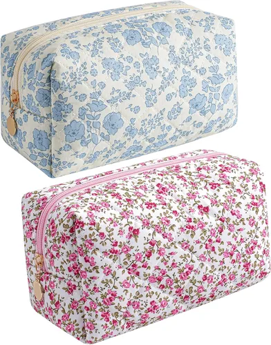 Vista 17 de Bolsa de maquillaje de viaje para mujeres y niñas, bolsa de maquillaje con cremallera, flores florales, organizador de maquillaje, bolsa de tela