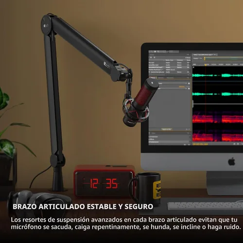 Vista 7 de Brazo de micrófono premium con soporte de escritorio, giratorio de 360°, totalmente ajustable, para podcast, video, juegos, radio, estudio