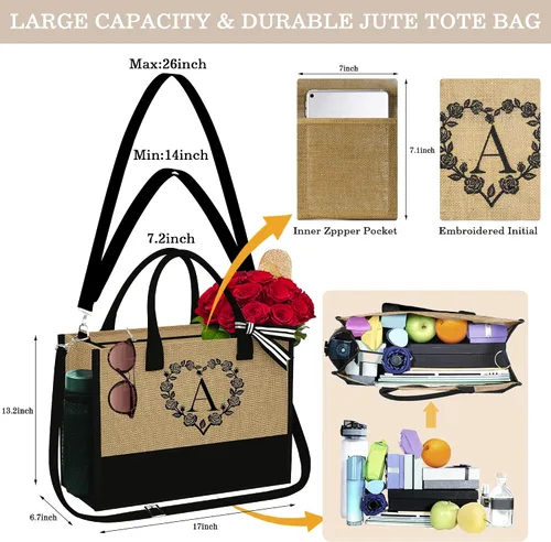 Vista 3 de Bolsa de yute con inicial y bolsa de maquillaje, bolsa de mano con monograma bordado, regalos de cumpleaños personalizados para mujeres y madres