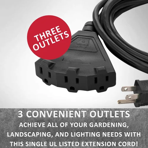 Vista 6 de Cable alargador de Holiday Lighting Outlet para interiores o exteriores de 16/3, 3 tomas de corriente, 3 clavijas, certificación UL Negro