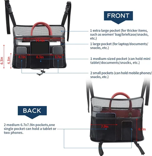 Vista 6 de Eing Organizador para Asiento Trasero de Coche - Almacenamiento de Gran Capacidad para Bolsos, Carteras y Artículos para Niños - Negro