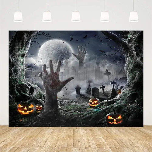 Vista 2 de SENDY Telón de fondo de fotografía de Halloween de 7 x 5 pies, suministros de decoración para fiestas de Halloween, noche de niños, luna llena