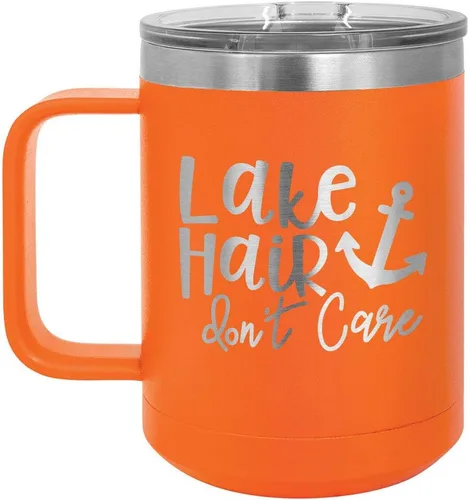 Vista 15 de LAKE HAIR NO CUIDAR Taza de café negra de 15 oz con tapa superior deslizante Taza de café de viaje aislada Ideas de regalo de cumpleaños