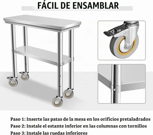 Vista 3 de Mesa de acero inoxidable para preparación de 30 x 12 pulgadas, mesa de trabajo resistente con 4 ruedas para cocina comercial, restaurante, hogar
