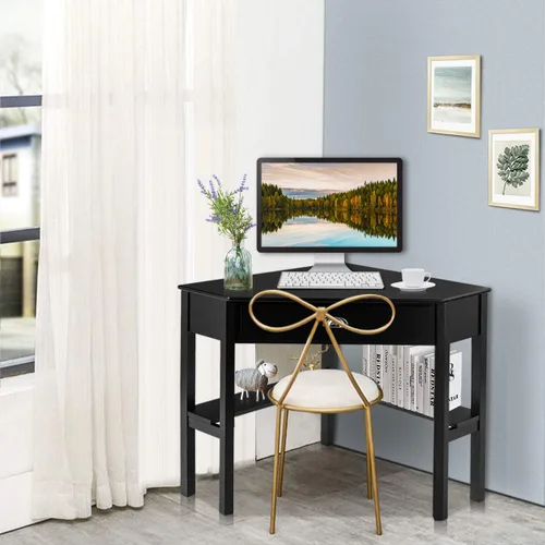 Vista 6 de RELAX4LIFE Escritorio esquinero para computadora triangular con cajón y estantes, mesa estable para computadora portátil, escritorio para oficina