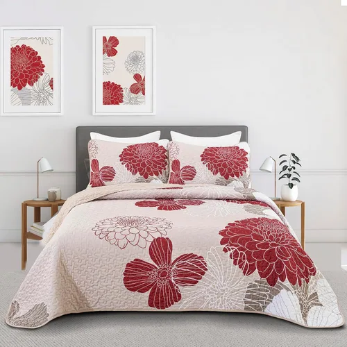 Vista 21 de Anibedding Juego de edredón floral gris y rosa, tamaño Queen, 3 piezas Gris/Rosa