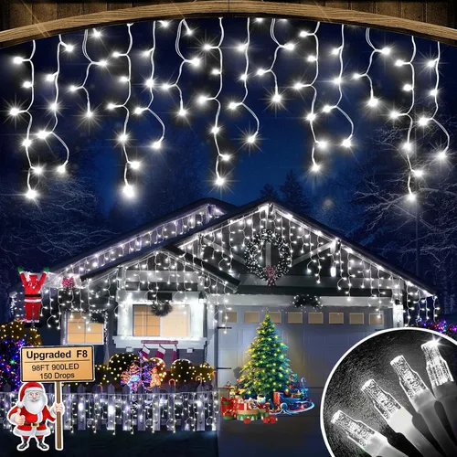 Vista 18 de FLVOECN 480 luces LED de Navidad de 49 pies, enchufables, 8 modos con temporizador, luces de hielo regulables, para exteriores, impermeables