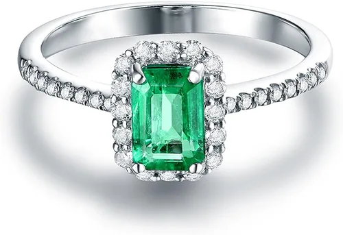 Vista 2 de Lanmi Anillo solitario de compromiso de oro blanco de 14 quilates, con esmeralda verde natural, diamantes para mujer, promoción, Oro blanco de 14