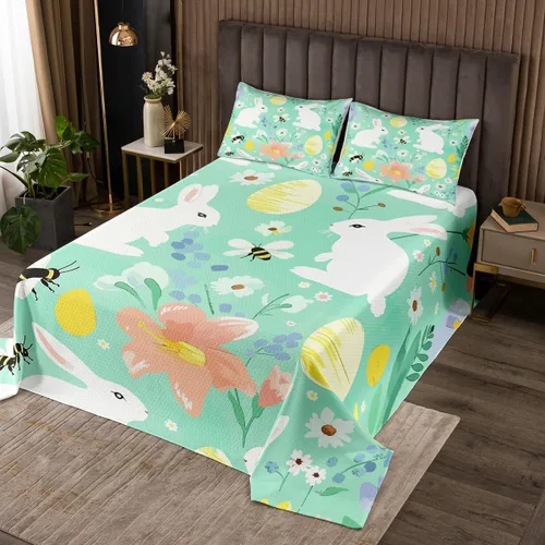 Vista 5 de Juego de colcha acolchada de lindo pollito, naranja y amarillo, diseño de flores de retazos, huevos de Pascua azules, tamaño individual, flores