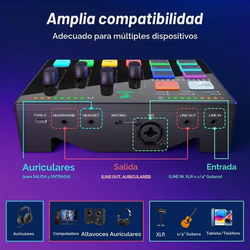 Vista 4 de TONOR Set de interfaz de audio y micrófono, paquete de equipo de podcast, mezclador de audio USB con RGB, micrófono dinámico XLR con calidad