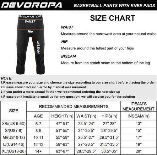 Vista 6 de DEVOROPA Youth Boys' Compression Pants with Knee Pads 34 Basketball Athletic Tights Quick Dry Sports Workout Leggings