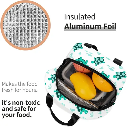 Vista 5 de Bolsa de almuerzo colorida de tortuga con algas marinas, lonchera aislada para adolescentes, bolsas reutilizables para la escuela, contenedor