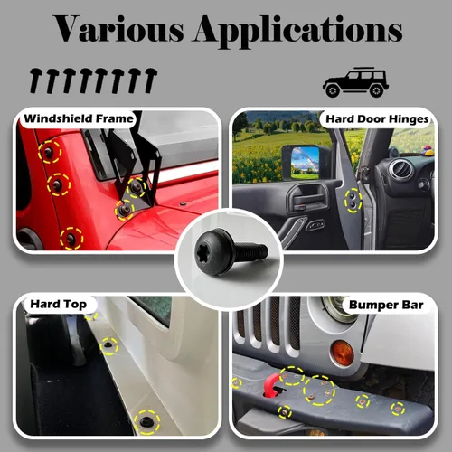 Vista 6 de Tornillos para Jeep Wrangler JK, pernos M8 aplicados al marco del parabrisas, barra antivuelco, portón trasero, bisagras duras de puerta, soportes