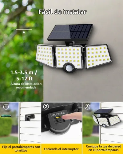 Vista 6 de LE - Luces solares para exteriores, luces solares para exteriores con sensor de movimiento, alto brillo WL4000, 3 cabezales ajustables ángulo