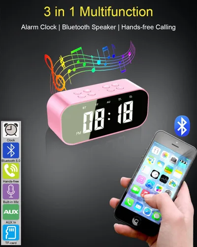 Vista 2 de AFK Reloj despertador con altavoz Bluetooth para dormitorio, pequeño reloj digital con doble alarma, repetición, pantalla LED de espejo para niñas