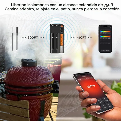 Vista 2 de Termómetro inalámbrico de carne de 750 pies de largo alcance para ahumador, barbacoa y asador, 2 sondas, termómetro inteligente Bluetooth con sensor