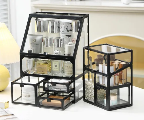 Vista 4 de MOOCHI Organizador de maquillaje negro de 3 piezas para Vantity, vidrio, organizador de cuidado de la piel, cajones, organizador de cepillos