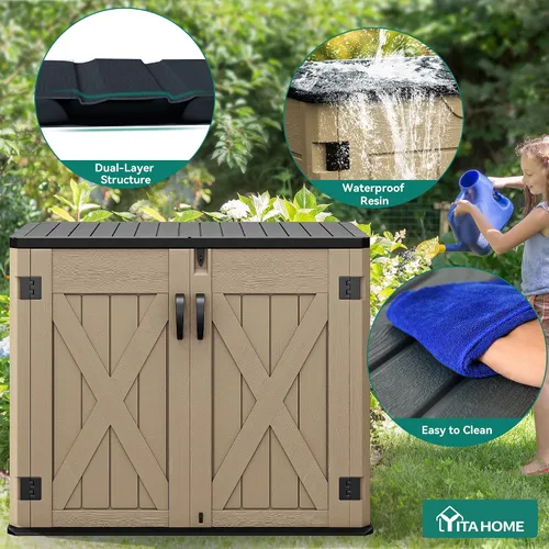 Vista 4 de YITAHOME - Cobertizo de almacenamiento horizontal al aire libre con puerta bloqueable en forma de X, cobertizo de herramientas de resina resistente