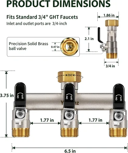 Vista 8 de 3-Way Garden Hose Splitter, Heavy-Duty Brass, 3/4" GHT, (Black)