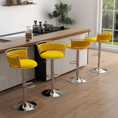Vista 37 de Juego de 2 taburetes de bar giratorios de 360°, silla de bar de terciopelo ajustable a altura de mostrador moderna, taburete de metal plateado
