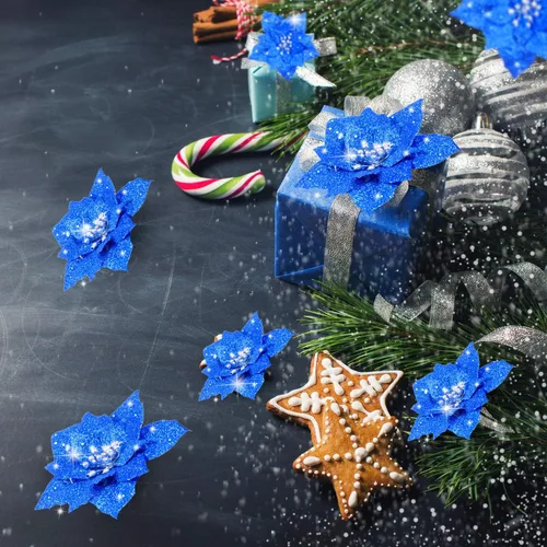 Vista 6 de Boao 24 piezas de flores de Pascua artificiales con purpurina, flores de Pascua para decoración de boda, árbol de Navidad, 3/4/6 pulgadas (azul)