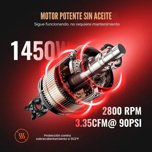 Vista 2 de VEVOR Compresor de aire de 6.3 galones, compresores de aire de 2 HP 3.35 CFM@90PSI con presión máxima de 116PSI, tanque de compresor sin aceite