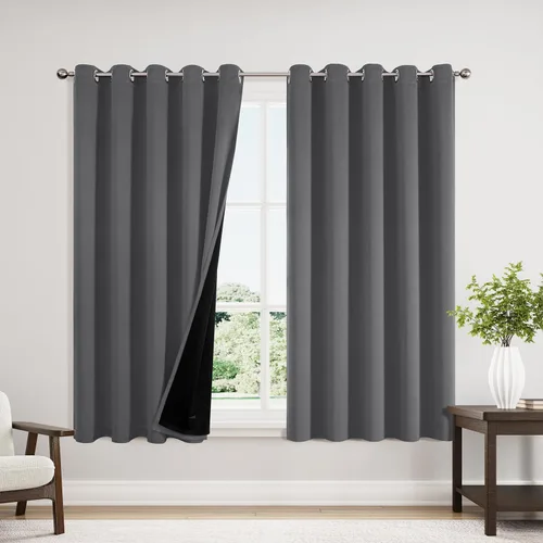 Vista 80 de ChrisDowa Cortinas 100% opacas de 63 pulgadas de largo para dormitorio con forro negro, 2 capas gruesas totalmente opacas con aislamiento térmico