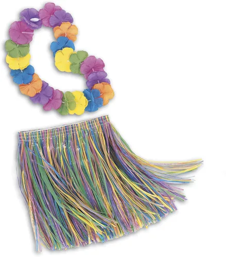 Vista 3 de Unique Conjunto de falda Luau y Lei para niños, diseño vibrante y tropical, perfecto para fiestas, baile de hula, diversión en la playa