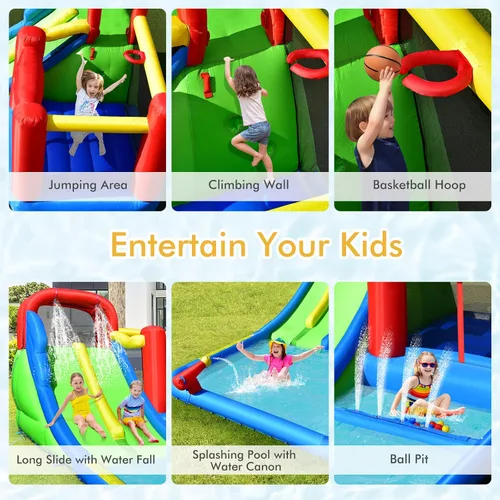 Vista 5 de BOUNTECH Tobogán acuático inflable, 7 en 1 doble tobogán para niños, parque acuático para niños, toboganes de agua inflables para exteriores