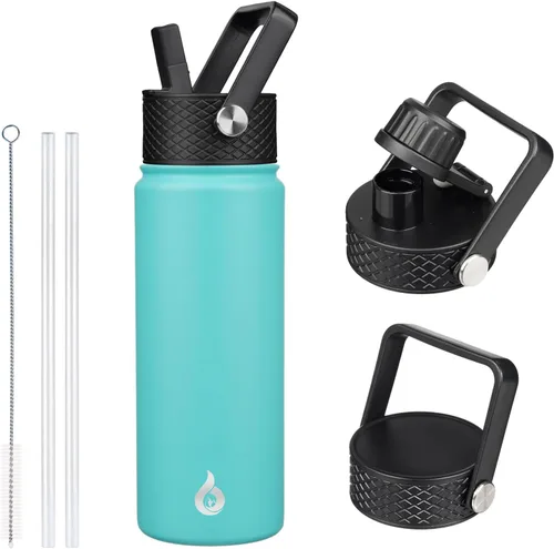 Vista 45 de BJPKPK Botellas de Agua Aisladas con Tapa de Pajita, Botella de Agua de Acero Inoxidable de 18oz, Termo Frío Caliente con 3 Tapas, Vaso de Viaje a
